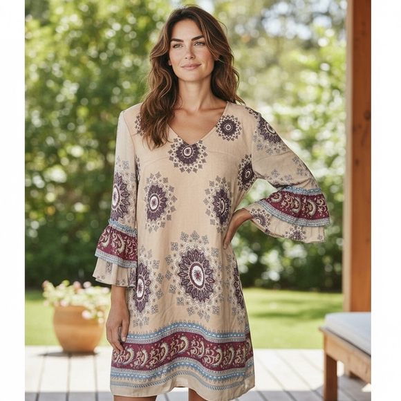 Umgee Dresses & Skirts - UMGEE NWT Boho Dress Tunic Tan Mandala Medallion Paisley Size Small